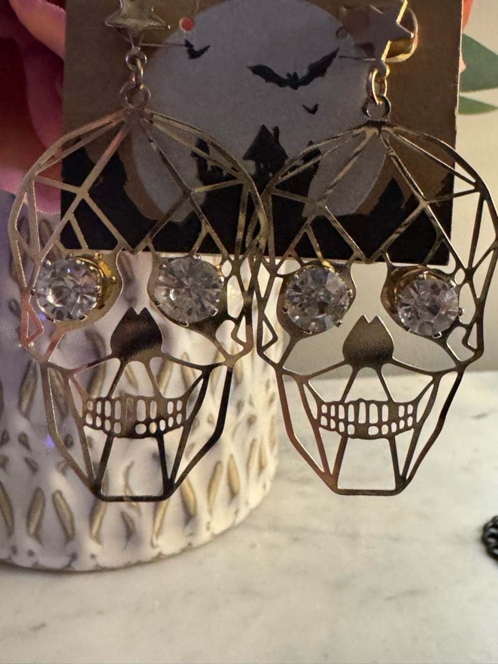 Gold Skull Cutout Earrings with Crystal Eyes